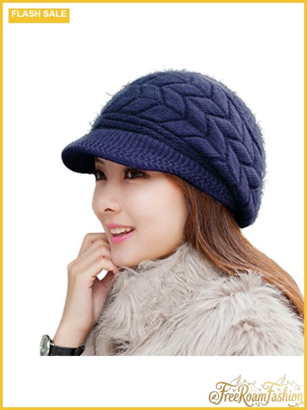 Women Winter Warm Knit Hat Wool Snow Ski Cap with Visor Ear Cover